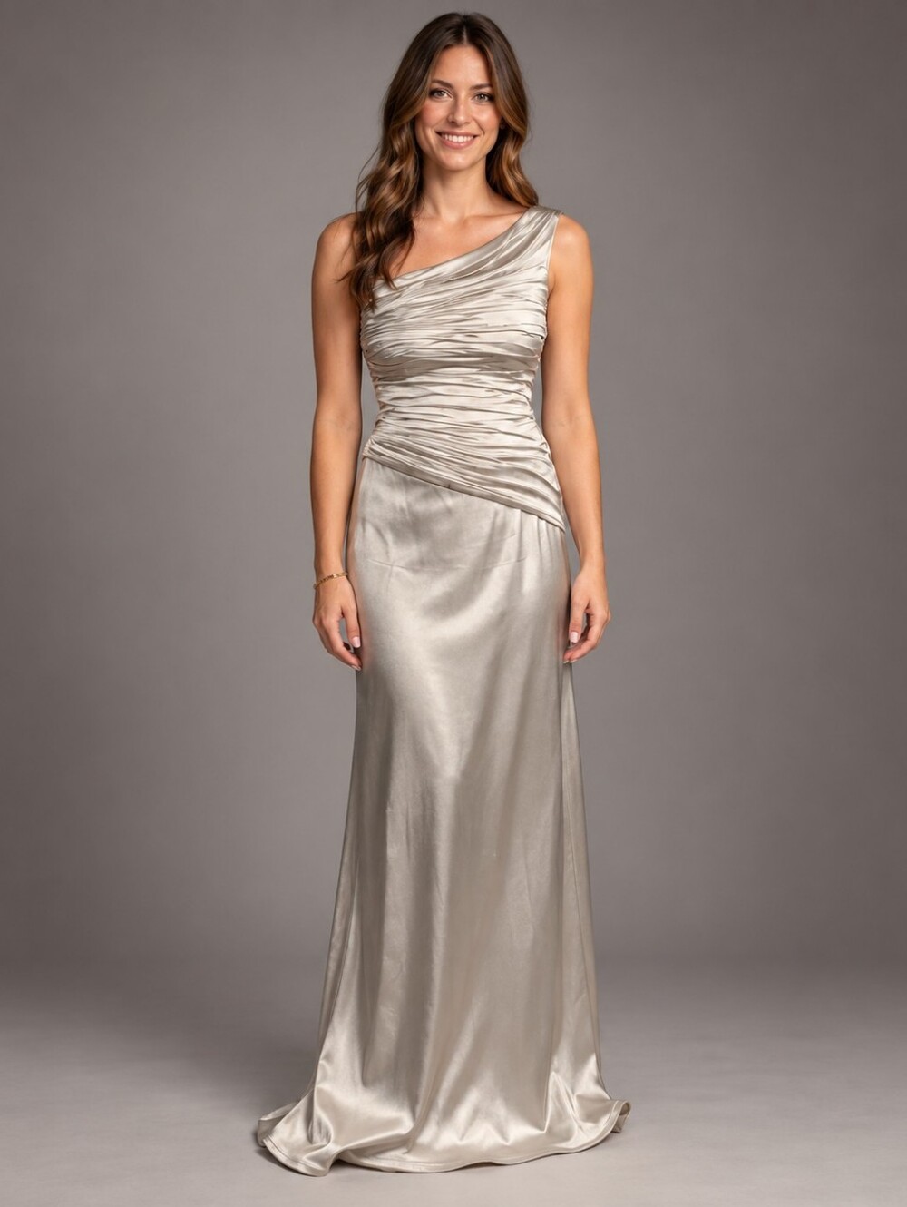 Tadashi Silver Ruched Asymmetrical Satin Evening Gown Size 2 A377